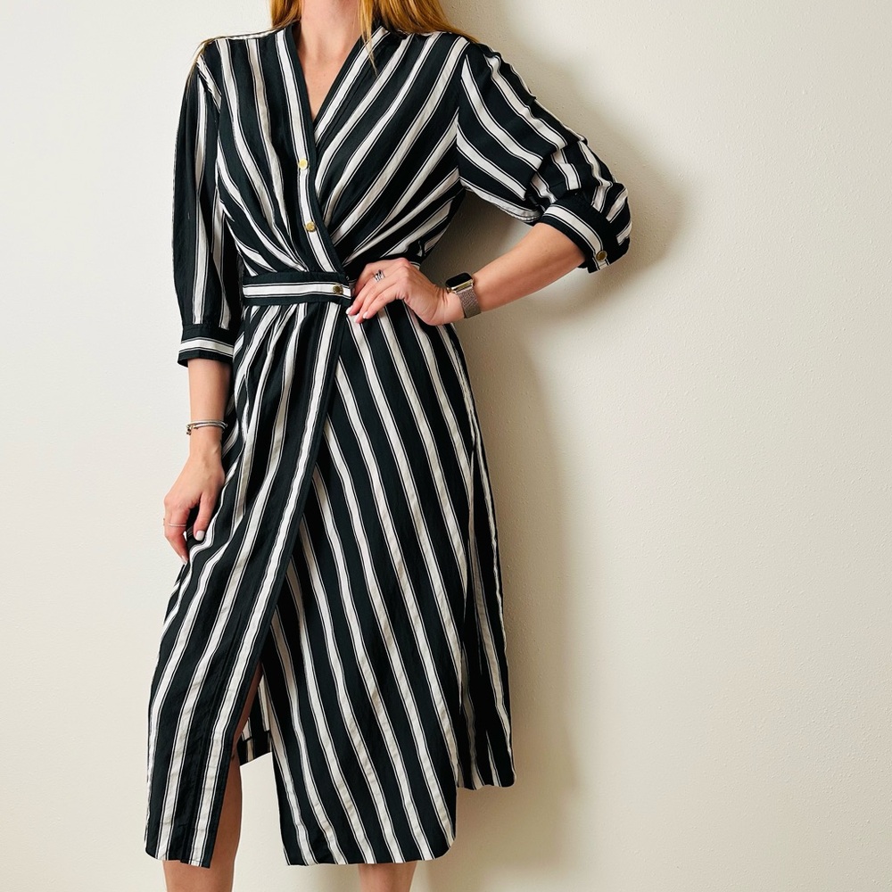 Sandro Carl Black and White Wrap Striped 3/4 Sleeve Midi Dress - Picture 1 of 15